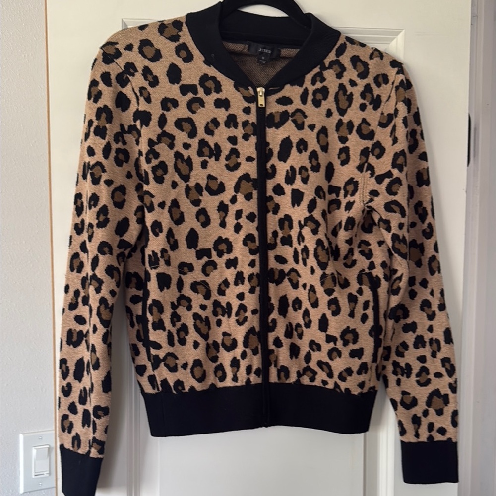 J. Crew Brown and Black Bomber Jacket with Leopard Print